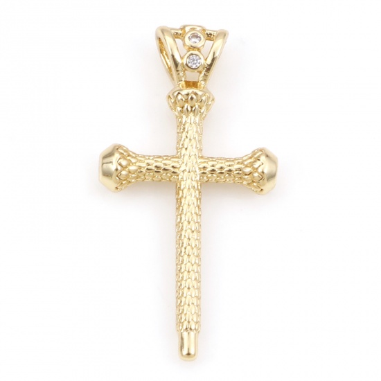 Picture of 1 Piece Brass Religious Charm Pendant 18K Real Gold Plated Cross Clear Cubic Zirconia 26mm x 13.5mm