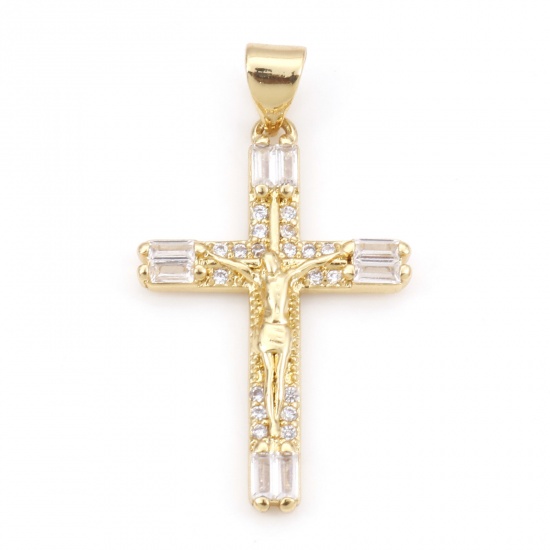 Picture of Brass Religious Pendants 18K Real Gold Plated Cross Micro Pave Clear Cubic Zirconia 3.3cm x 1.8cm, 1 Piece