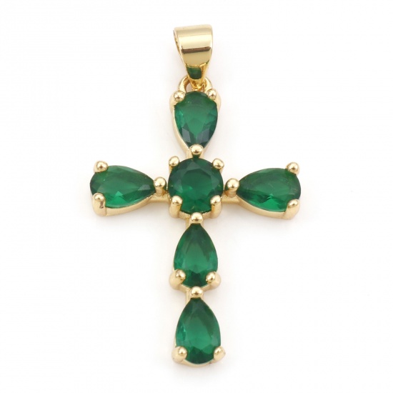 Picture of Brass Religious Pendants 18K Real Gold Plated Cross Green Cubic Zirconia 3.3cm x 1.9cm, 1 Piece
