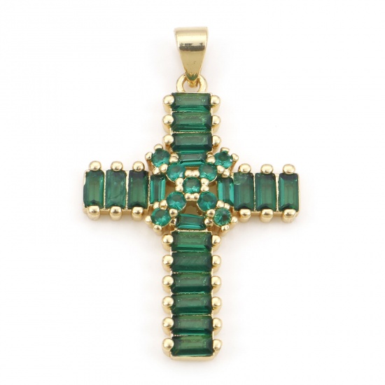 Picture of Brass Religious Pendants 18K Real Gold Plated Cross Green Cubic Zirconia 3.5cm x 2.2cm, 1 Piece