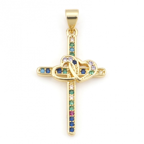 Picture of Brass Religious Pendants 18K Real Gold Plated Cross Heart Micro Pave Multicolour Cubic Zirconia 3.3cm x 1.7cm, 1 Piece