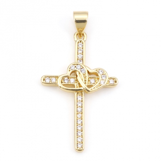 Picture of Brass Religious Pendants 18K Real Gold Plated Cross Heart Micro Pave Clear Cubic Zirconia 3.3cm x 1.7cm, 1 Piece