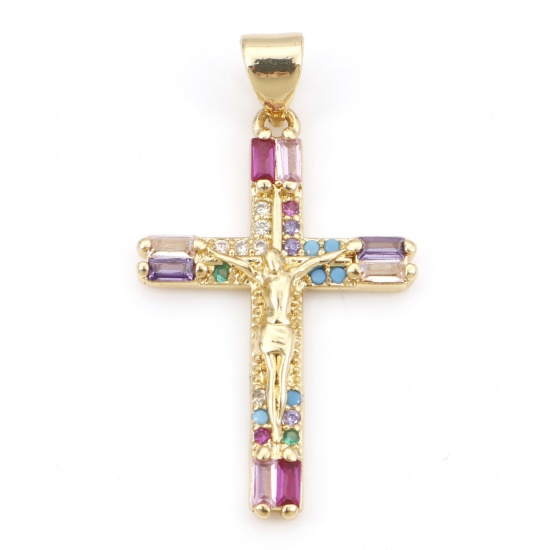 Picture of Brass Religious Pendants 18K Real Gold Plated Cross Jesus Micro Pave Multicolour Cubic Zirconia 3.3cm x 1.8cm, 1 Piece