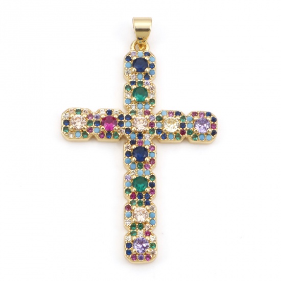Picture of Brass Religious Pendants 18K Real Gold Plated Cross Micro Pave Multicolour Cubic Zirconia 4.6cm x 2.8cm, 1 Piece