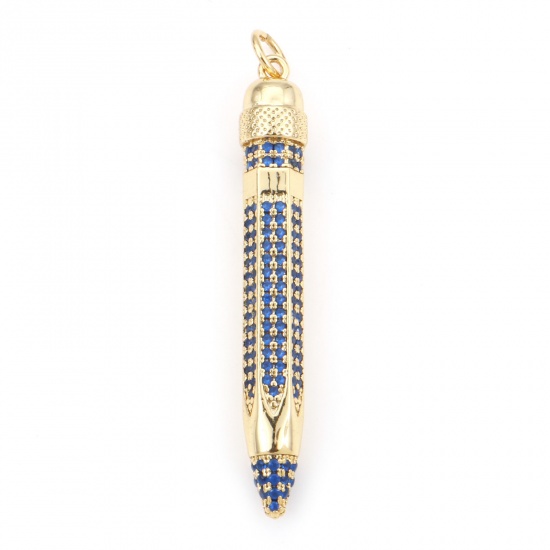 Image de Pendentifs Bijoux d'Ecole en Laiton Crayon Plaqué Or Véritable 18K 3D à Zircone Cubique Bleu Foncé 4cm x 0.5cm, 1 Pièce