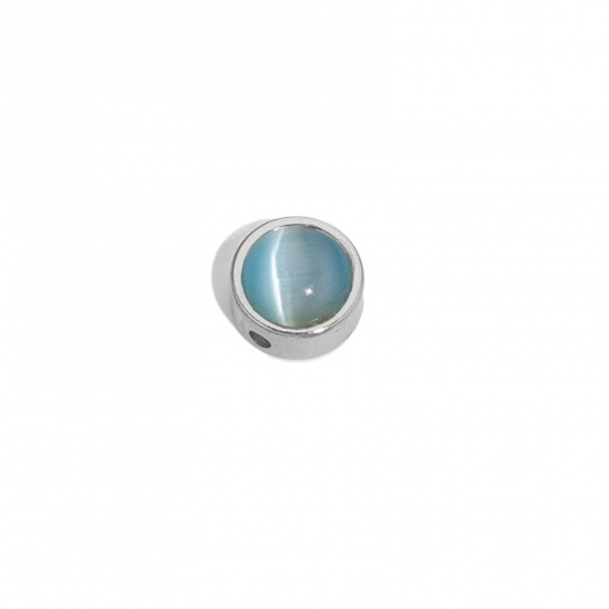 Image de Perles pour DIY Fabrication de Bijoux de Charme en 304 Acier Inoxydable & Verre Œil de Chat Plat-Rond Argent Mat Bleu Ciel env. 8mm Dia., Trou: env. 1.5mm, 2 Pcs