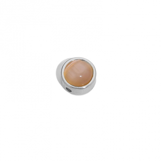 Image de Perles pour DIY Fabrication de Bijoux de Charme en 304 Acier Inoxydable & Verre Œil de Chat Plat-Rond Argent Mat Champagne env. 8mm Dia., Trou: env. 1.5mm, 2 Pcs