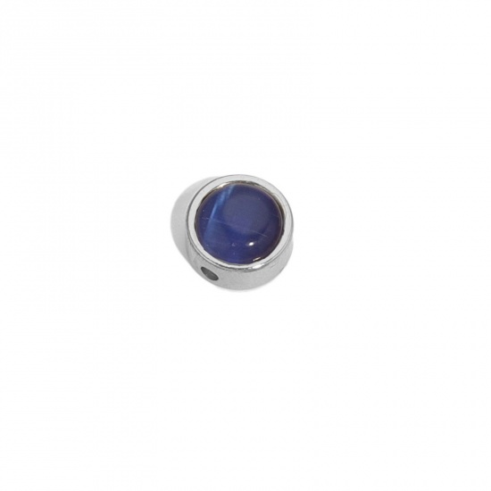 Image de Perles pour DIY Fabrication de Bijoux de Charme en 304 Acier Inoxydable & Verre Œil de Chat Plat-Rond Argent Mat Bleu Foncé env. 8mm Dia., Trou: env. 1.5mm, 2 Pcs