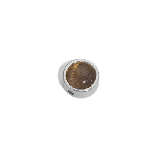 Image de Perles pour DIY Fabrication de Bijoux de Charme en 304 Acier Inoxydable & Verre Œil de Chat Plat-Rond Argent Mat Gris env. 8mm Dia., Trou: env. 1.5mm, 2 Pcs