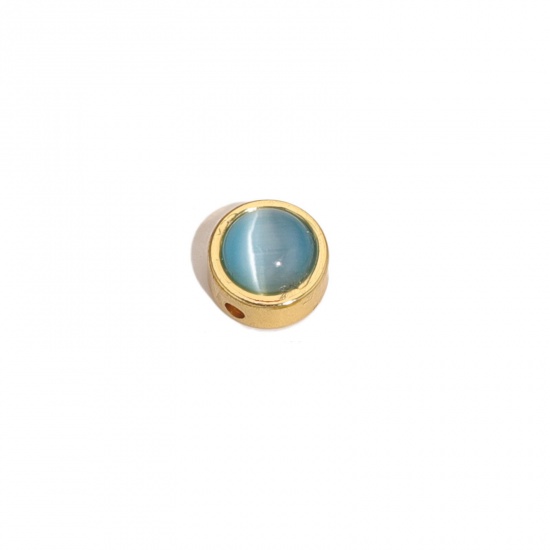 Bild von Edelstahl 304 & Katzenaugenglas Perlen für die Herstellung von DIY-Charme-Schmuck Flachrund Vergoldet Azurblau 8mm D., Loch: ca. 1.5mm, 2 Stück
