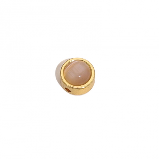 Image de Perles pour DIY Fabrication de Bijoux de Charme en 304 Acier Inoxydable & Verre Œil de Chat Plat-Rond Doré Champagne env. 8mm Dia., Trou: env. 1.5mm, 2 Pcs