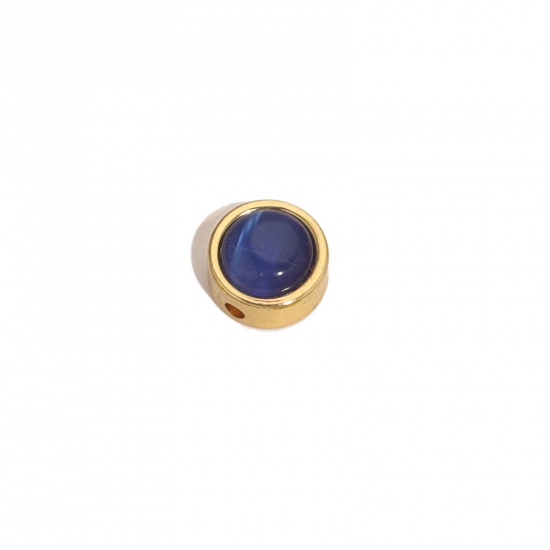 Image de Perles pour DIY Fabrication de Bijoux de Charme en 304 Acier Inoxydable & Verre Œil de Chat Plat-Rond Doré Bleu Foncé env. 8mm Dia., Trou: env. 1.5mm, 2 Pcs