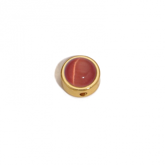 Image de Perles pour DIY Fabrication de Bijoux de Charme en 304 Acier Inoxydable & Verre Œil de Chat Plat-Rond Doré Rouge env. 10mm Dia., Trou: env. 1.5mm, 2 Pcs