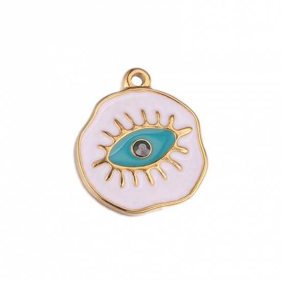 Bild von 1 Stück 304 Edelstahl Charms Rund 18K Gold plattiert Böser Blick Evil Eye Emaille 19mm x 22mm