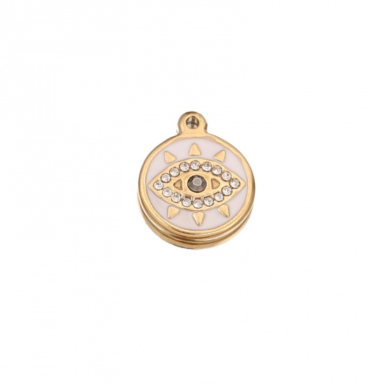 Bild von 1 Stück 304 Edelstahl Charms Rund 18K Gold plattiert Böser Blick Evil Eye Emaille Transparent Strass 15mm x 19mm