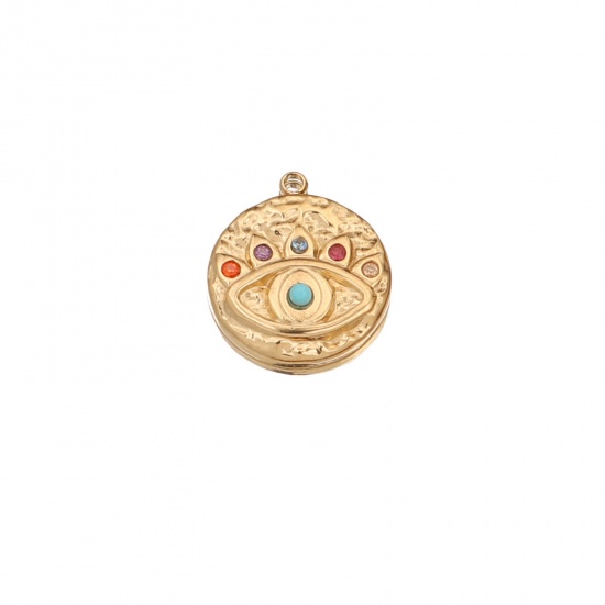 Bild von 1 Stück 304 Edelstahl Charms Rund 18K Gold plattiert Böser Blick Evil Eye Bunt Strass 15mm x 17.5mm