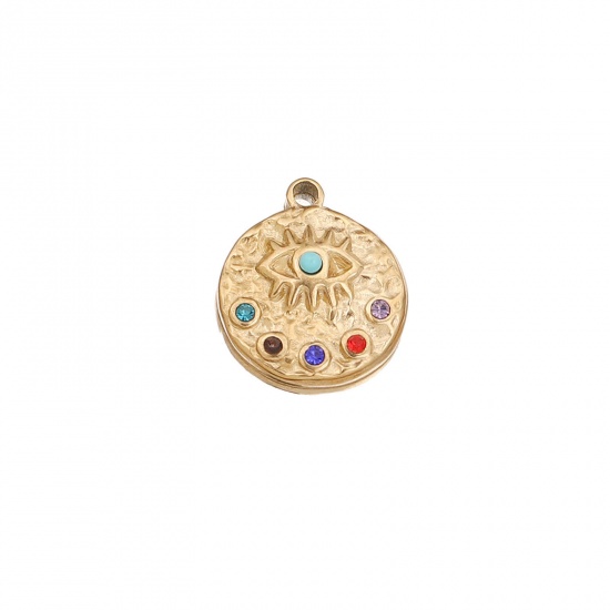 Bild von 1 Stück 304 Edelstahl Charms Rund 18K Gold plattiert Böser Blick Evil Eye Bunt Strass 15.5mm x 18.5mm