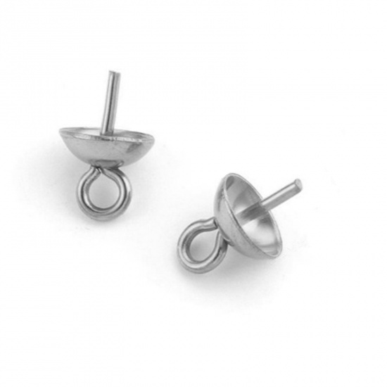 Immagine di 304 Acciaio Inossidabile Connettore Ciondolo Perla Bail Pin Cap Tono Argento 7mm x 4mm, 10 Pz