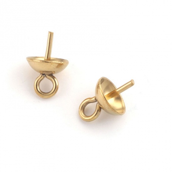 Picture of 10 PCs 304 Stainless Steel Pearl Pendant Connector Bail Pin Cap 18K Gold Plated 8.5mm x 5mm