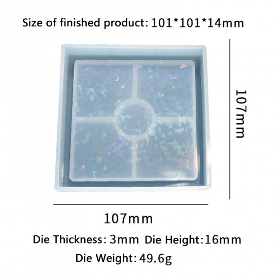 Picture of Silicone Resin Mold For Jewelry Coaster Making Square White Holographic Laser 10.7cm x 10.7cm, 1 Piece