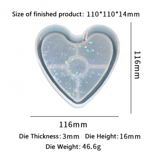 Picture of Silicone Resin Mold For Jewelry Coaster Making Heart White Holographic Laser 11.6cm x 11.6cm, 1 Piece