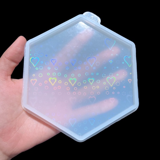 Picture of Silicone Resin Mold For Jewelry Coaster Making Hexagon White Holographic Laser 13.2cm x 11.6cm, 1 Piece