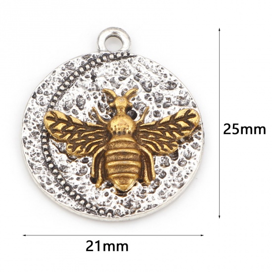 Picture of Zinc Based Alloy Insect Charms Gold Tone Antique Gold & Antique Silver Color Two Tone Round Bee 25mm x 21mm, 10 PCs