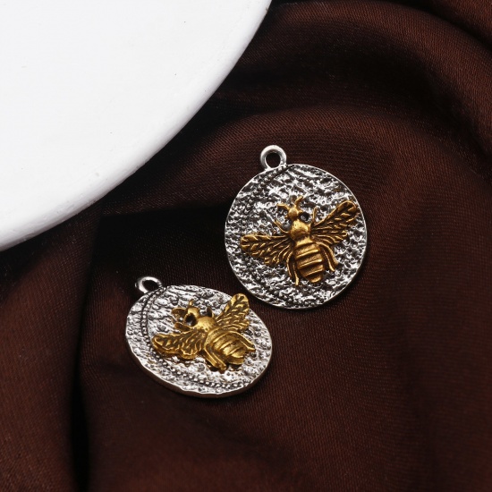 Изображение Цинковый Сплав Насекомое Подвески Круглые Античное Золото & Античное Серебро Двухцветный Пчела 25мм x 21мм, 10 ШТ