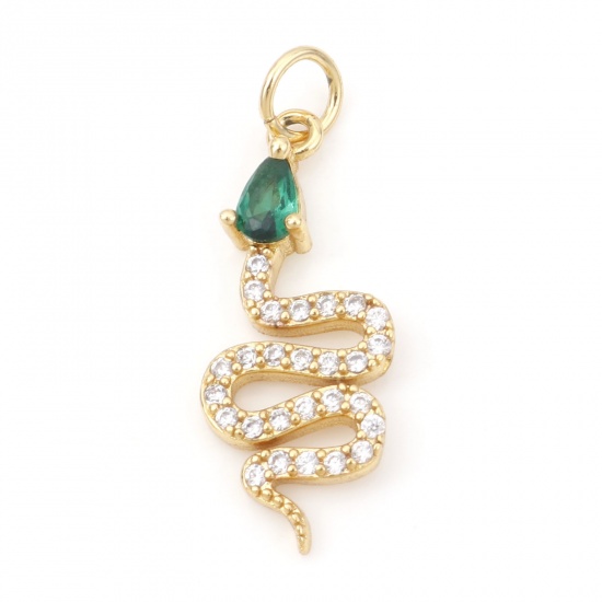 Picture of Brass Micro Pave Charms 18K Real Gold Plated Snake Animal Green Cubic Zirconia 26.5mm x 9mm, 1 Piece                                                                                                                                                          