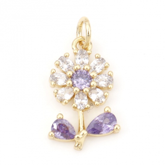 Picture of Brass Micro Pave Charms 18K Real Gold Plated Sunflower Purple Cubic Zirconia 21.5mm x 11mm, 1 Piece                                                                                                                                                           