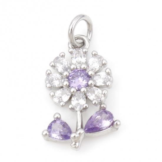 Picture of Brass Micro Pave Charms Real Platinum Plated Sunflower Purple Cubic Zirconia 21.5mm x 11mm, 1 Piece                                                                                                                                                           