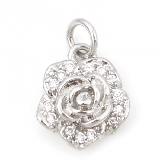 Picture of Brass Micro Pave Charms Real Platinum Plated Rose Flower 3D Clear Cubic Zirconia 13mm x 8.5mm, 1 Piece                                                                                                                                                        