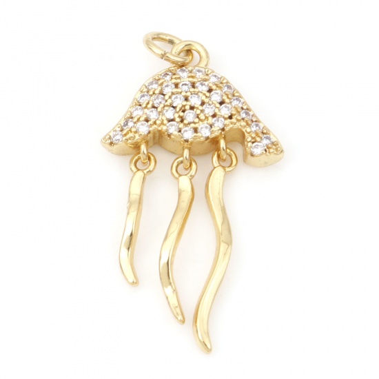 Picture of Brass Ocean Jewelry Charms 18K Real Gold Plated Octopus Clear Cubic Zirconia 26.5mm x 13mm, 1 Piece                                                                                                                                                           