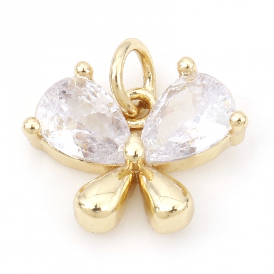 Picture of Brass Insect Charms 18K Real Gold Plated Butterfly Animal Clear Cubic Zirconia 14mm x 13.5mm, 1 Piece                                                                                                                                                         