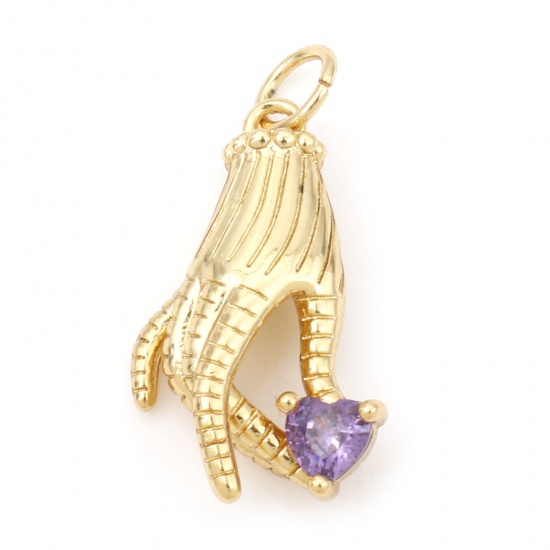 Picture of Brass Charms 18K Real Gold Plated Hand Purple Cubic Zirconia 23.5mm x 13mm, 1 Piece                                                                                                                                                                           