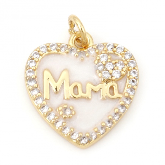 Picture of Brass Mother's Day Charms 18K Real Gold Plated White Heart Enamel Clear Cubic Zirconia 17mm x 13mm, 1 Piece                                                                                                                                                   