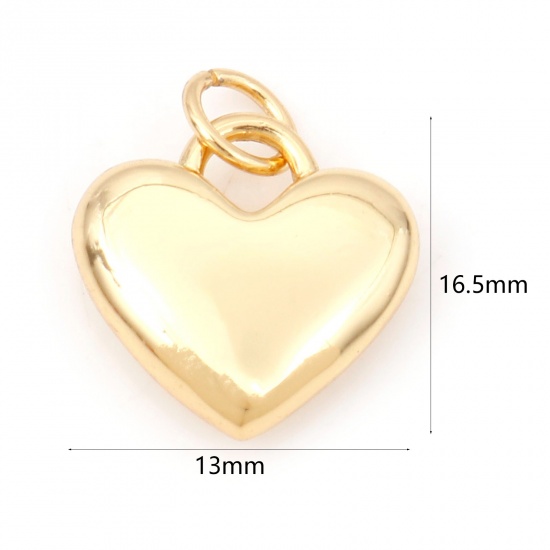 Picture of Brass Valentine's Day Charms 18K Real Gold Plated Heart 3D 16.5mm x 13mm, 1 Piece