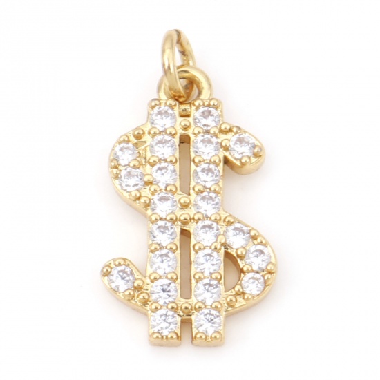 Picture of Brass Micro Pave Charms 18K Real Gold Plated Dollar Symbol Clear Cubic Zirconia 18.5mm x 9.5mm, 1 Piece                                                                                                                                                       