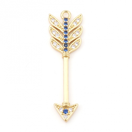 Picture of Brass Micro Pave Pendants 18K Real Gold Plated Arrow Clear & Blue Cubic Zirconia 3.2cm x 0.9cm, 1 Piece                                                                                                                                                       