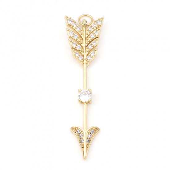 Picture of Brass Micro Pave Pendants 18K Real Gold Plated Arrow Clear Cubic Zirconia 5.1cm x 1.3cm, 1 Piece                                                                                                                                                              