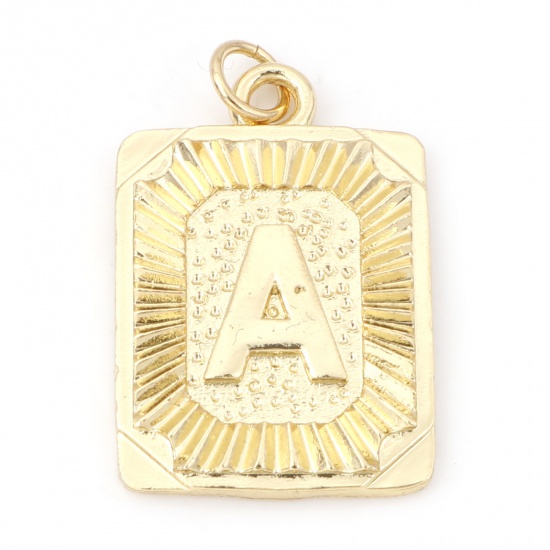 Immagine di Ottone Charms Rettangolo 18K Vero Oro Placcato Lettera Maiuscola Lettere " A " 27mm x 16mm, 1 Pz