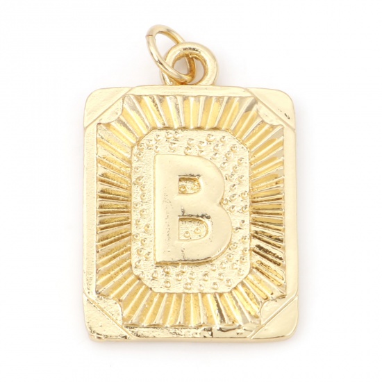 Immagine di Ottone Charms Rettangolo 18K Vero Oro Placcato Lettera Maiuscola Lettere " B " 27mm x 16mm, 1 Pz