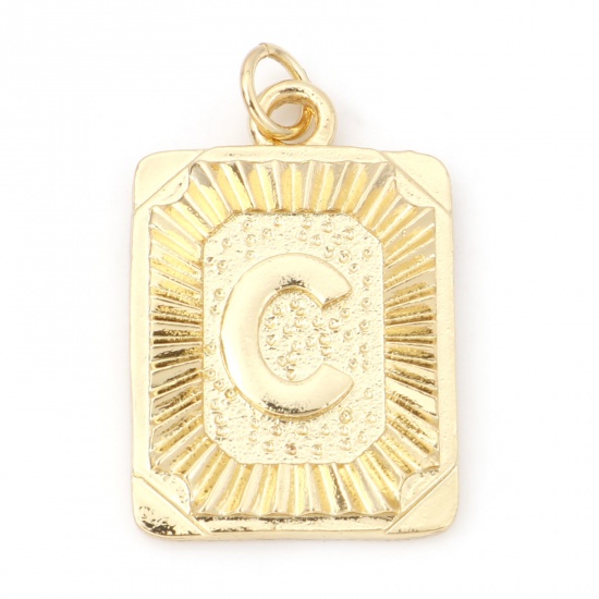 Immagine di Ottone Charms Rettangolo 18K Vero Oro Placcato Lettera Maiuscola Lettere " C " 27mm x 16mm, 1 Pz