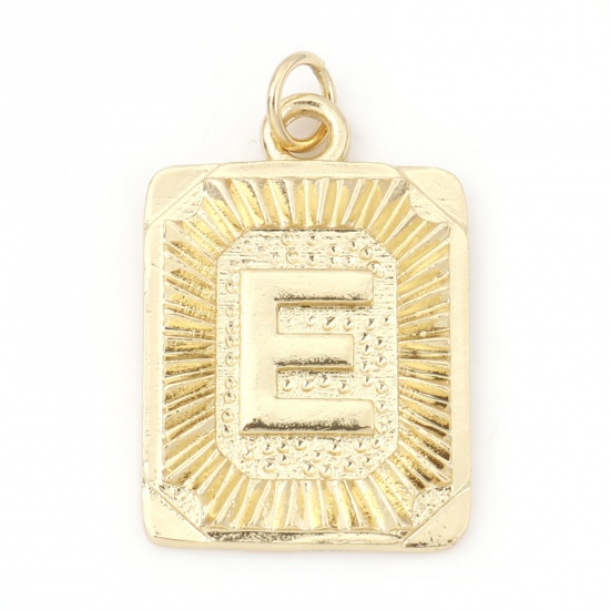 Immagine di Ottone Charms Rettangolo 18K Vero Oro Placcato Lettera Maiuscola Lettere " E " 27mm x 16mm, 1 Pz