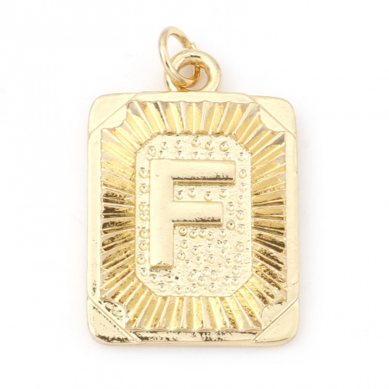 Immagine di Ottone Charms Rettangolo 18K Vero Oro Placcato Lettera Maiuscola Lettere " F " 27mm x 16mm, 1 Pz