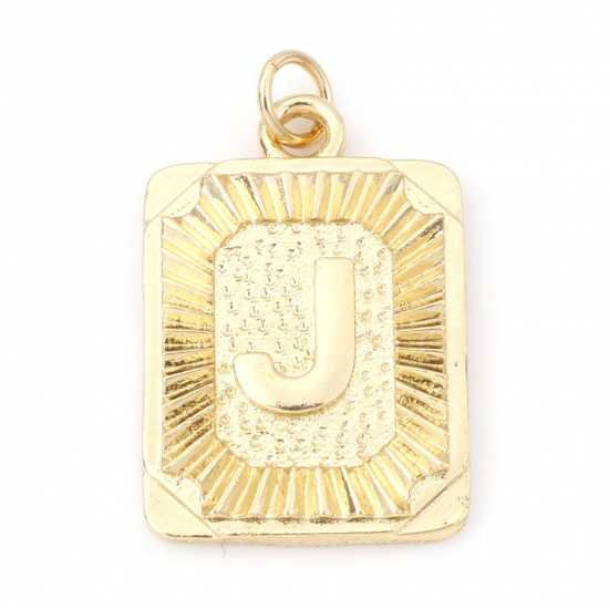 Immagine di Ottone Charms Rettangolo 18K Vero Oro Placcato Lettera Maiuscola Lettere " J " 27mm x 16mm, 1 Pz