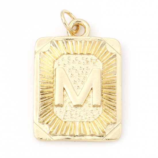 Immagine di Ottone Charms Rettangolo 18K Vero Oro Placcato Lettera Maiuscola Lettere " M " 27mm x 16mm, 1 Pz