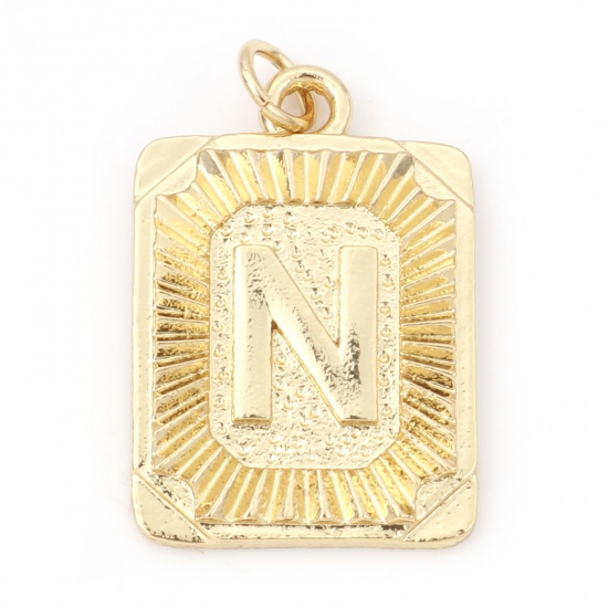 Immagine di Ottone Charms Rettangolo 18K Vero Oro Placcato Lettera Maiuscola Lettere " N " 27mm x 16mm, 1 Pz