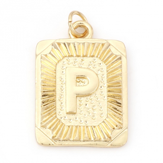 Immagine di Ottone Charms Rettangolo 18K Vero Oro Placcato Lettera Maiuscola Lettere " P " 27mm x 16mm, 1 Pz