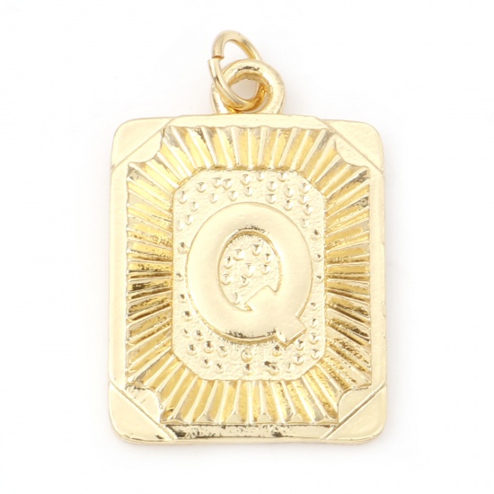 Immagine di Ottone Charms Rettangolo 18K Vero Oro Placcato Lettera Maiuscola Lettere " Q " 27mm x 16mm, 1 Pz